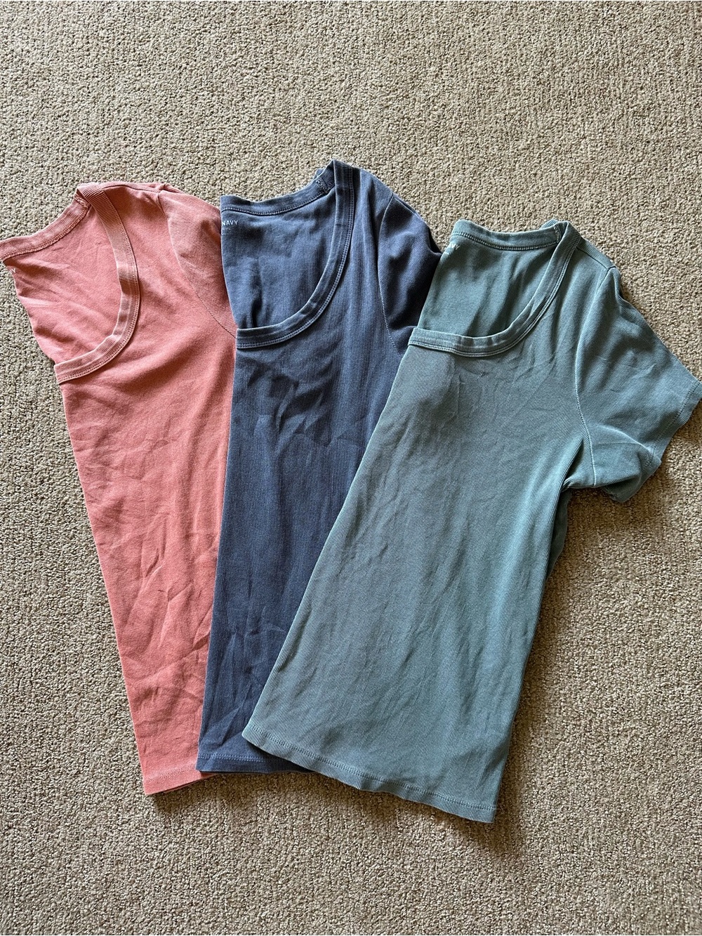 Old Navy Bundle Classic Scoop Neck Tees in Rust, Slate Blue, and Teal/Grey